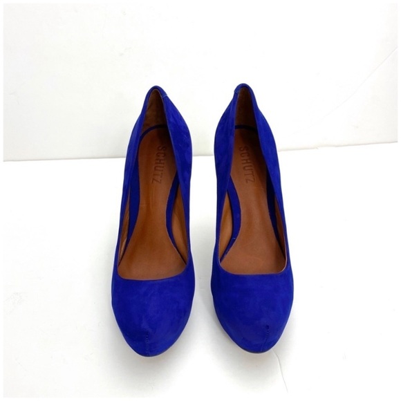 Schutz Suede Platform Pumps Heel Blue and Black - Picture 2 of 8